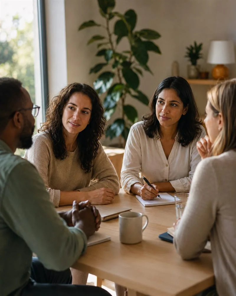 Accompagnement collectif d'une équipe de professionnels réunis autour d'une table, dans un cadre chaleureux