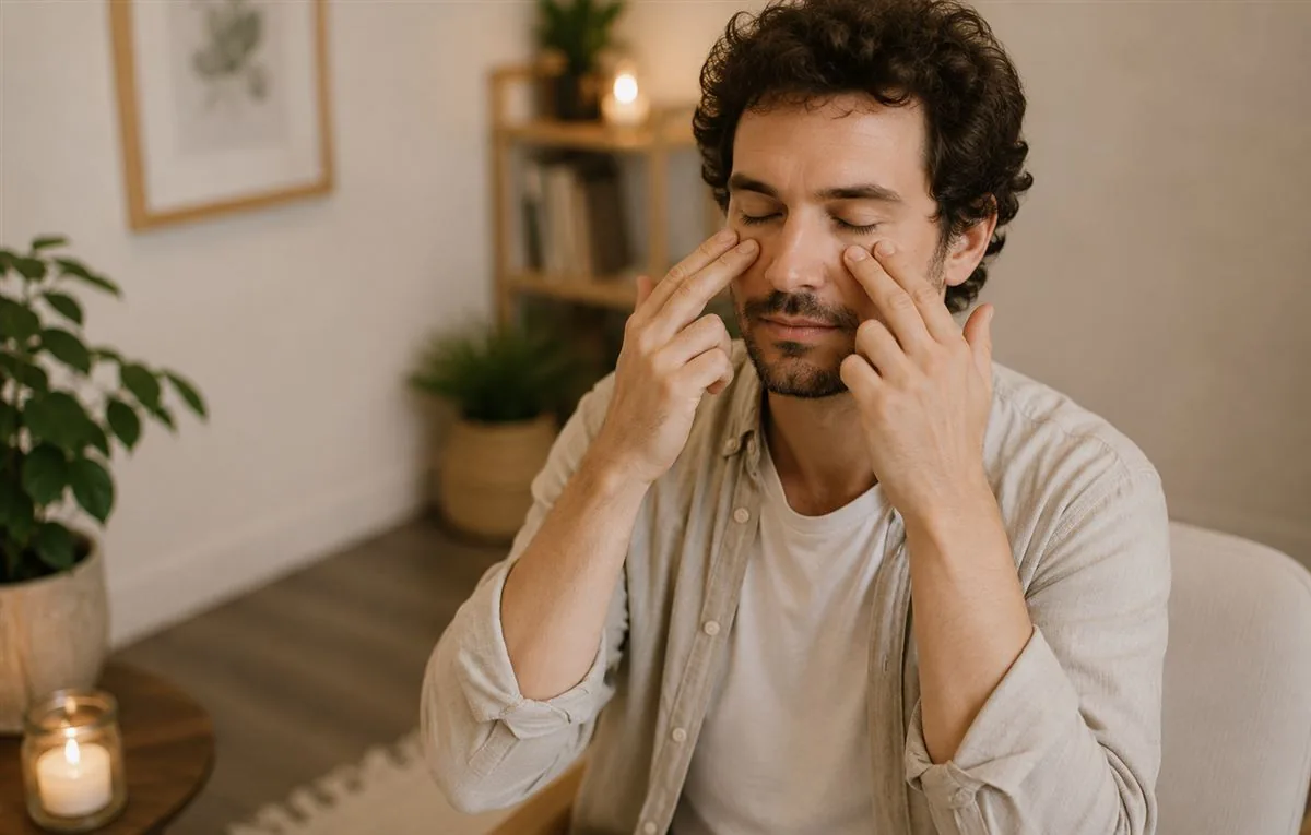 Homme détendu, les yeux fermés, tapotant du bout des doigts des points sous ses yeux
