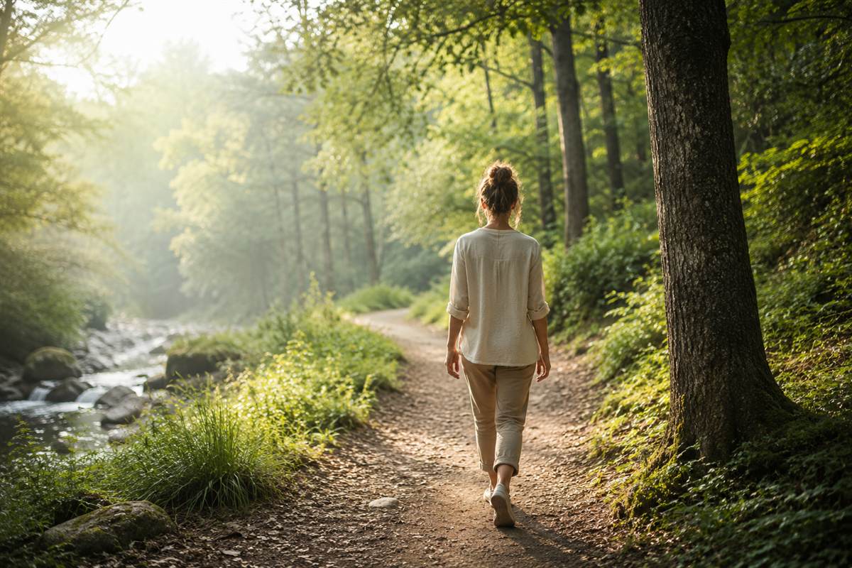 Femme marchant paisiblement sur un sentier en forêt, dans une lumière douce du matin