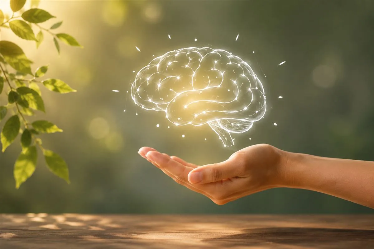 Main ouverte au-dessus de laquelle flotte une illustration lumineuse de cerveau, sur fond de verdure