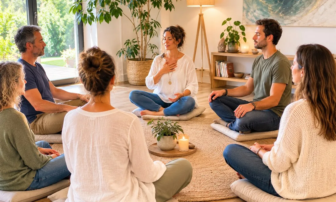 Petit groupe d'adultes assis en cercle sur des coussins, les yeux fermés, lors d'un atelier d'auto-hypnose dans une pièce lumineuse