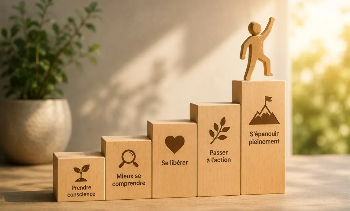 Cinq blocs de bois disposés en escalier, gravés des étapes du cheminement : prendre conscience, mieux se comprendre, se libérer, passer à l'action, s'épanouir pleinement