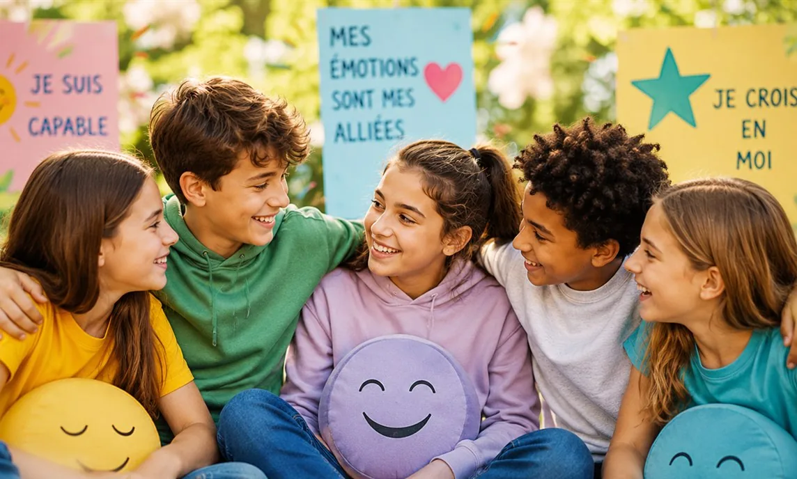 Cinq enfants et adolescents assis épaule contre épaule, souriants, tenant des coussins en forme de visages, devant des pancartes « Je suis capable », « Mes émotions sont mes alliées » et « Je crois en moi »
