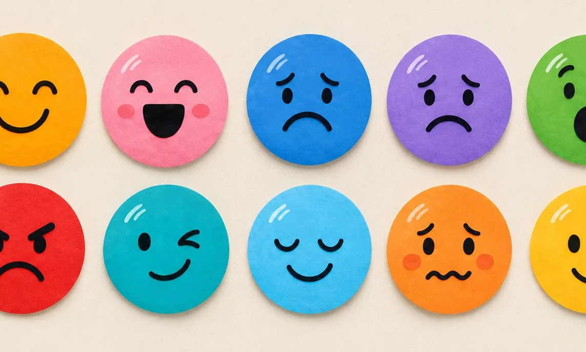 Pastilles colorées représentant des émotions différentes, du sourire à la colère, disposées en deux rangées