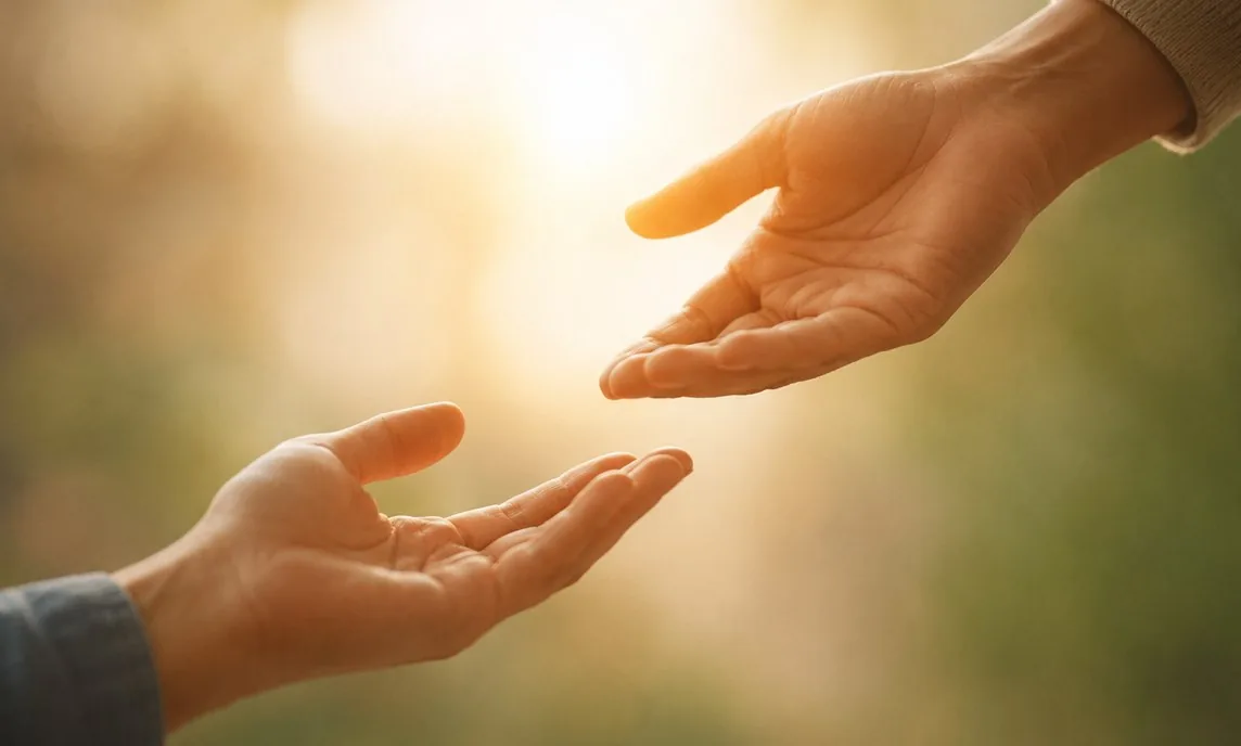 Deux mains tendues l'une vers l'autre à contre-jour, dans une lumière chaude