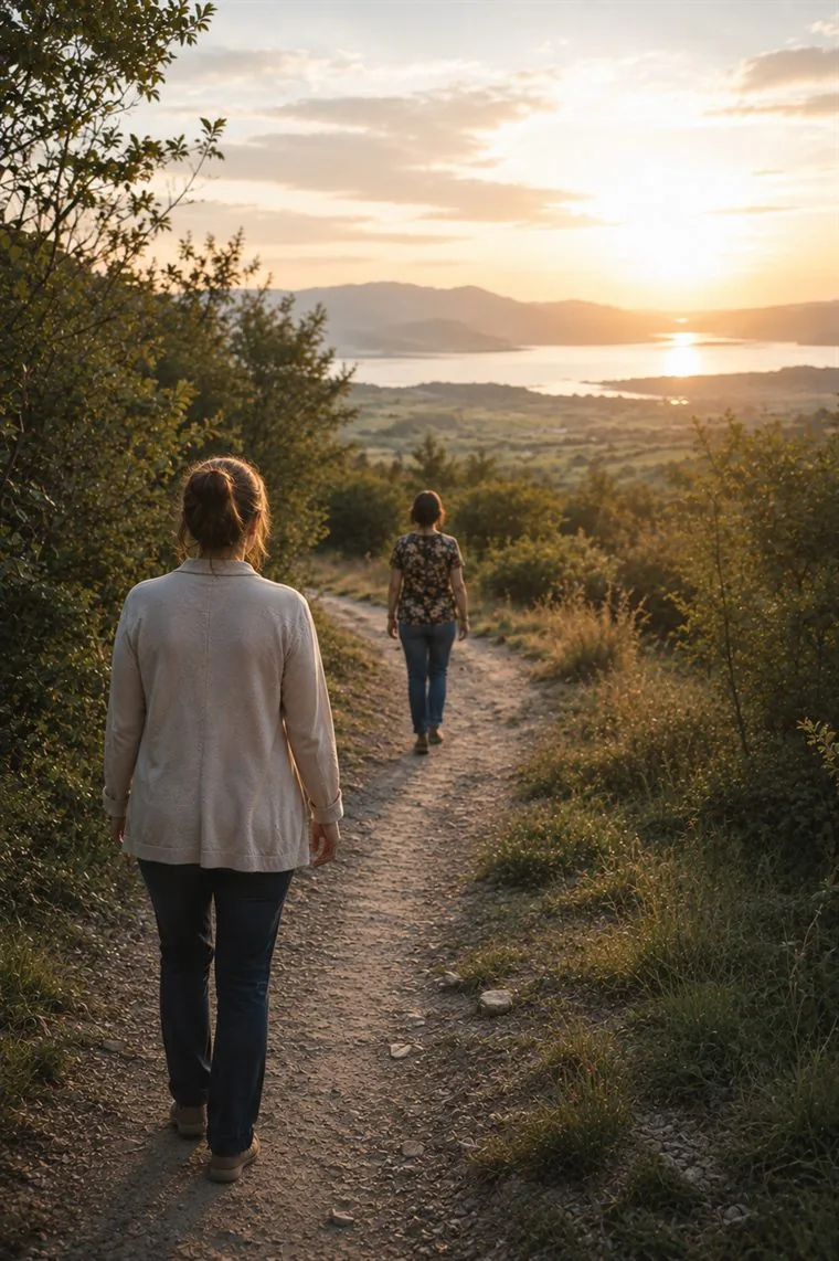 Deux personnes marchant l'une derrière l'autre sur un chemin de campagne, face à un paysage de collines au coucher du soleil