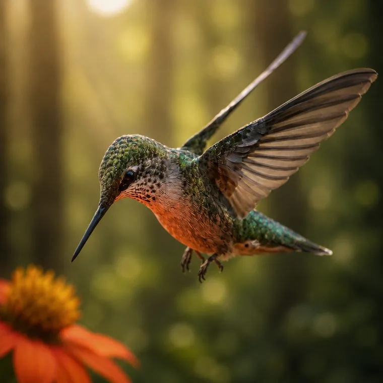 Colibri en vol près d'une fleur, dans une lumière douce