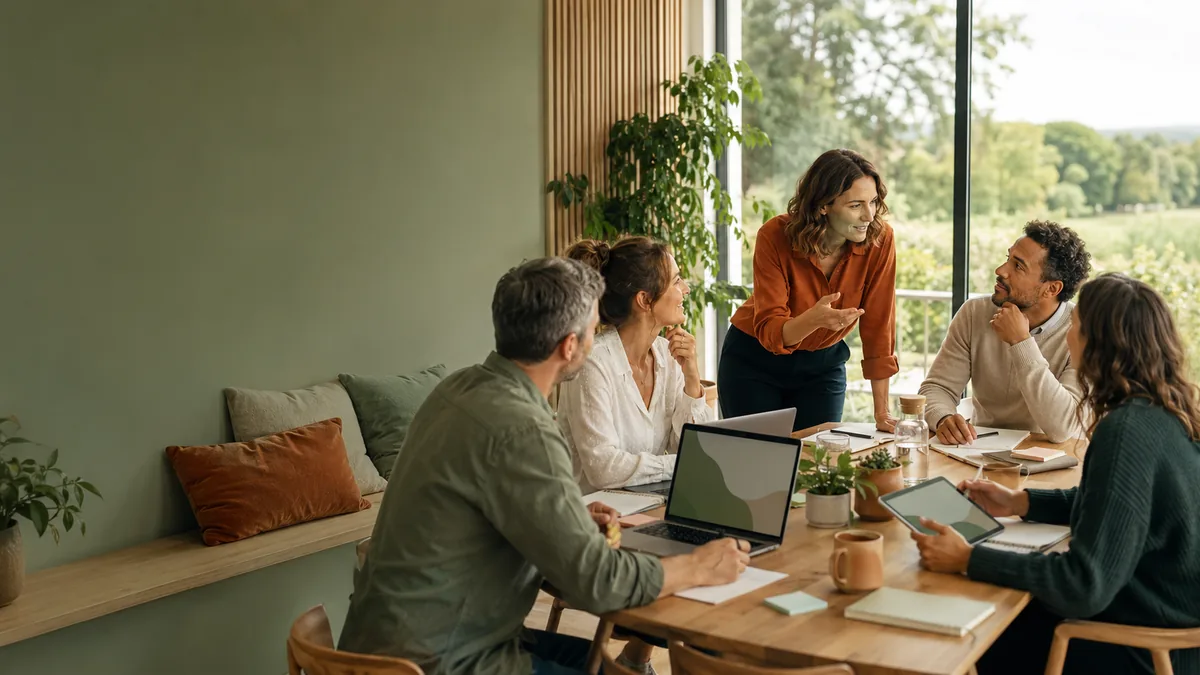 Cinq professionnels en formation autour d'une table en bois, dans une salle lumineuse ouverte sur la campagne&nbsp;; la formatrice, debout, s'adresse au groupe