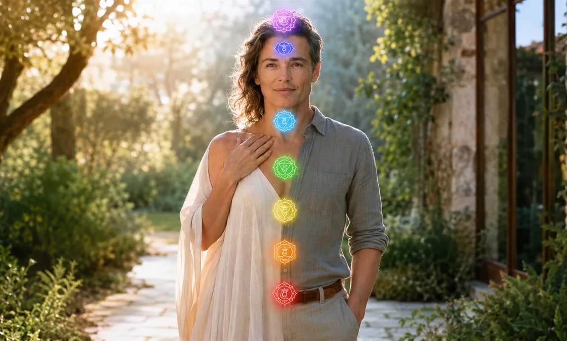 Femme debout dans un jardin baigné de lumière, une main posée sur le cœur, les sept chakras figurés en symboles colorés le long de l'axe du corps