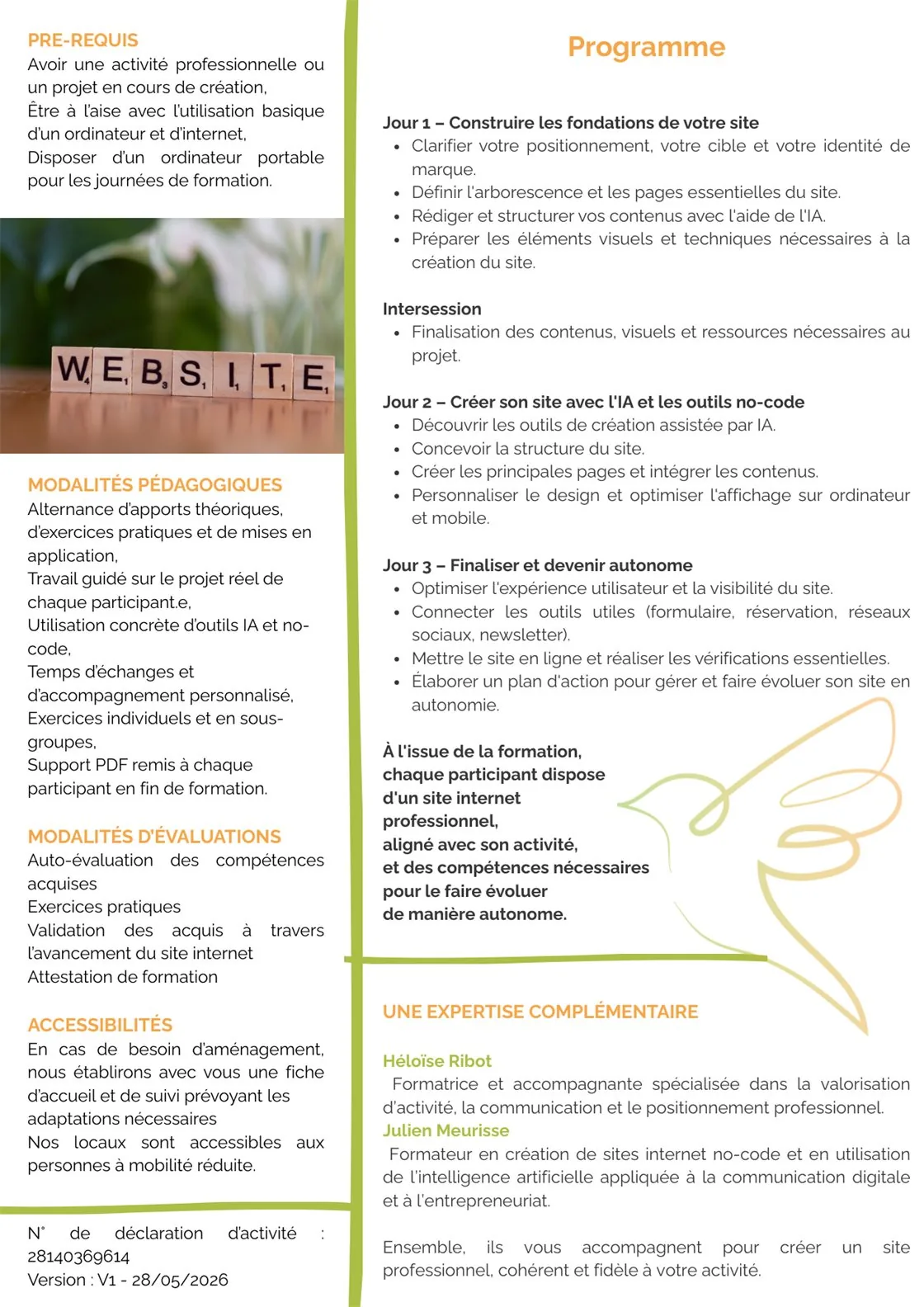 Programme de la formation « Créer un site web, aligné et professionnel », page 2 : jour 1 consacré aux fondations du site (positionnement, arborescence, contenus rédigés avec l'IA), intersession, jour 2 à la création du site avec les outils IA et no-code, jour 3 à la finalisation et à l'autonomie ; pré-requis, modalités pédagogiques et présentation des deux formateurs.