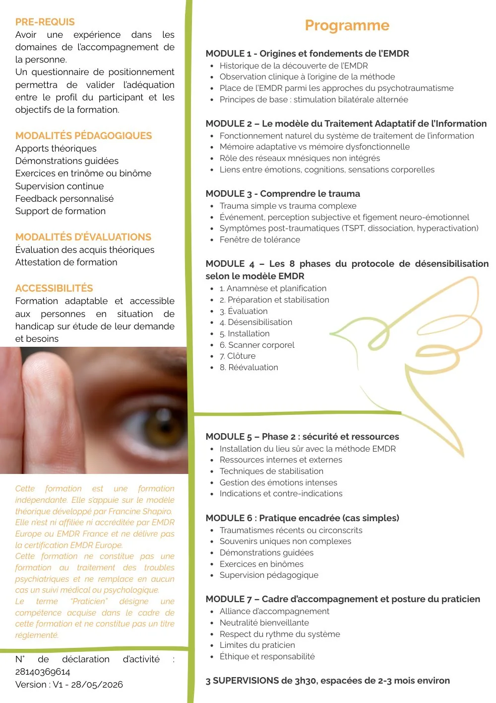 Programme de la formation « Praticien en EMDR, cycle 1 », page 2 : les sept modules (origines et fondements de l'EMDR, modèle du traitement adaptatif de l'information, comprendre le trauma, les 8 phases du protocole, sécurité et ressources, pratique encadrée sur cas simples, cadre et posture du praticien) suivis de 3 supervisions de 3 h 30, puis pré-requis, modalités, accessibilité et les mentions de la formation : indépendante, ni affiliée ni accréditée par EMDR Europe ou EMDR France, elle ne délivre pas de certification et ne remplace pas un suivi médical ou psychologique.
